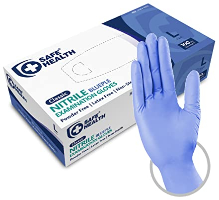 Safe Health Gants Jetables d'examen en Nitrile Taille L Bleu, Boîte de 100 gants, Sans poudre Sans latex Hypoallergéniques, Soins médicaux Aliments, 3,5 Mil