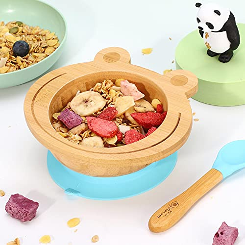 Vinsani Frog Bamboo Bowl and Spoon Set for Baby/Toddler, Frog Shaped Suction Bowl, Stay-Put Design, Hypoallergenic and BPA-Free (Blue)