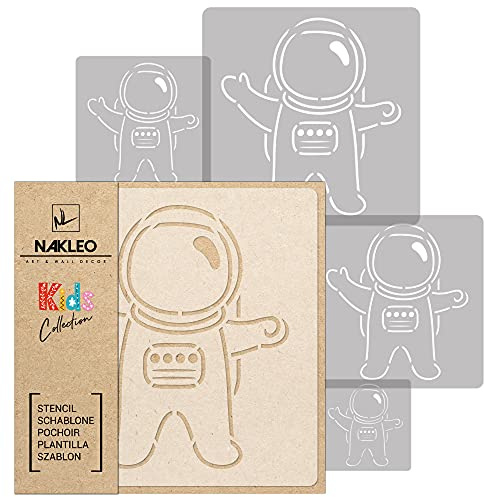 NAKLEO Schablonen Malen für Wandgestaltung im Kinderzimmer, 5 Stück Set 9x9 bis 34x34cm Astronaut Kosmonaut, Wiederverwendbare Kunststoff Malvorlage Raumdekoration, Basteln DIY Wand Möbel Papier Stoff