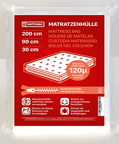 Matti-Bag Matratzenhülle 90 x 200 cm - 30 cm Höhe mit Reißverschluss Zipper, Blickdicht, extra reißfest 120µ für Matratze Transport, Umzug, Lagerung