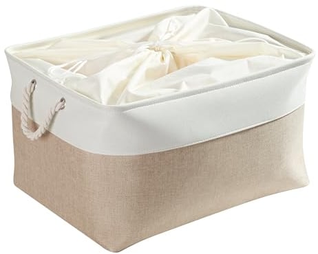 Mangata Extra Large Storage Boxes, Fabric Storage Baskets for Cupboards, Shelves, Wardrobe, Toys, Clothes (Foldable, Light Khaki White)