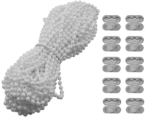 MEETOOT Jalousien-Zugperlen-Kettenreparatur-Set, 10 Meter, 91 m, Kunststoffrollo, Raffrollo, vertikale Schatten, Perlenkette, Zugschnur, Fenstervorhangperlen, Seil mit 10 Verbindungsstücken, Weiß