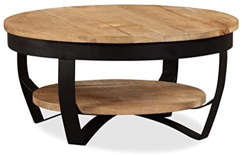 homiuse Couchtisch Raues Mangoholz Massiv 65x32 cm Tisch Wohnzimmer Rund Nachttische Ablagetisch Beistelltisch oder Endtische mit Einem Regal für Schlafzimmer Oder Balkon Industrial Style Hellbraun