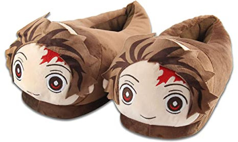 Roffatide Anime Demon Slayer Fuzzy Slippers Kamado Tanjirou Cute House Slippers Closed Toe Open Back Foam Slippers with Rubber Sole for Women Man One Size