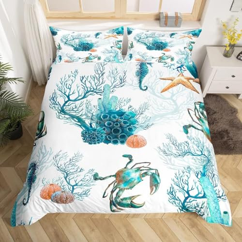 Ocean Comforter Cover Sea Marine Bed Set, Watercolor Animal Duvet Cover Double Size Sea Horse Crab Bedding Set, Starfish Coral Bedspread Cover Kids Underwater Theme Bedroom Decor 3pcs