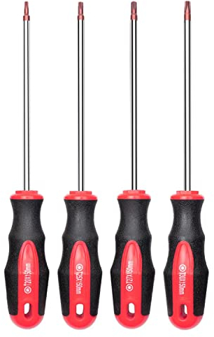 4-teiliges Torx-Schraubendreher-Set mit magnetischer Spitze, 4 Torx-Sternschraubendreher, T20, T25, T27, T30, rote Spitze | Rot, glänzend, S2-Stahl