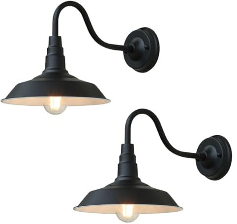 Moddeny 2er-Set Außenwandleuchte Vintage E27 IP54 Schwarz Schwanenhals | Retro-Scheunenstil mit ca. 26 cm Schirm; für Terrasse, Hauseingang und Garage; E27-Leuchtmittel frei wählbar