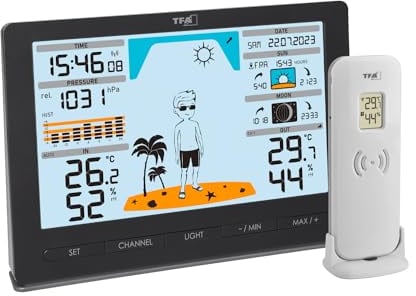 TFA Dostmann Stazione Meteo Wireless METEO JACK, 35.1097.01, con Sensore Esterno Radiocontrollato, Previsioni del Tempo, Pressione Atmosferica, Fasi Lunari, Orologio Radio, Nero