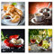4 moderne Wandbilder Küche - je 40x40cm große Leinwand-Bilder zur Dekoration - ideale Deko für Küchen, Esszimmer, Restaurant, Gaststätte Bilder von Essen, Wein, Zutaten, Frühstück, Set-A