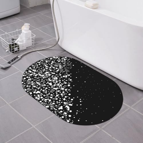 JCAKES Schwarz-weißer Glitzer-Badezimmerteppich, bedruckter Teppich, Badematten, wasserabsorbierender Teppich, Kieselalgen-Schlammmatte für drinnen und draußen (oval, 60 x 40 cm)