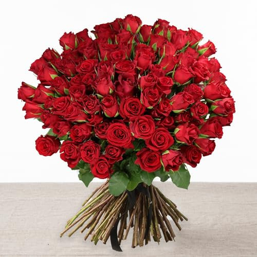 100 Red Roses Bouquet - Luxurious Hand-Tied Fresh Flowers, Perfect for Romantic Occasions, Wedding, Anniversary, Graduation, Birthday, Gift Wrapped with Free Message Card