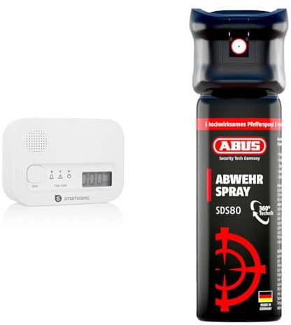 Smartwares Kohlenmonoxid melder & ABUS Abwehrspray SDS80 zur Tierabwehr – hochwirksames Pfefferspray zur Selbstverteidigung bei Tierangriffen – mit Jet-Sprühstrahl für bis zu 5 Meter Reichweite