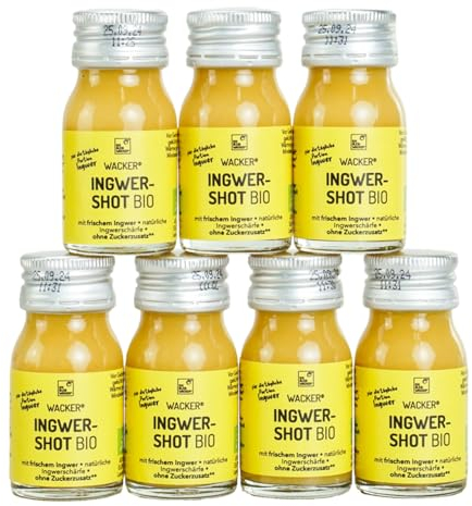 Ingwer Shots Bio von bleibwacker. 7 Shots Wochenpaket. 7x 30 ml. Mit frischem Bio-Ingwer. Ohne Zuckerzusatz.