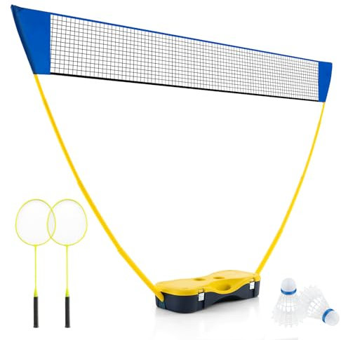 COSTWAY Badminton Set Complet Portable 270 x 160 cm, Kit Badminton avec Filet en PE 2 Raquettes et 2 Volants Boîte de Rangement, Jeu d'Extérieur pour Plage Jardin Cour (Jaune)