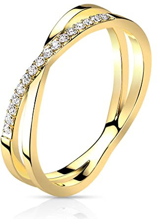 beyoutifulthings Damen-Ring Doppel-Ring Kreuz X Gold Zirkonia Clear Chirurgenstahl 4,5-mm breit Band-Ring Motiv-Ring Herren-Ring 57 (18,1)
