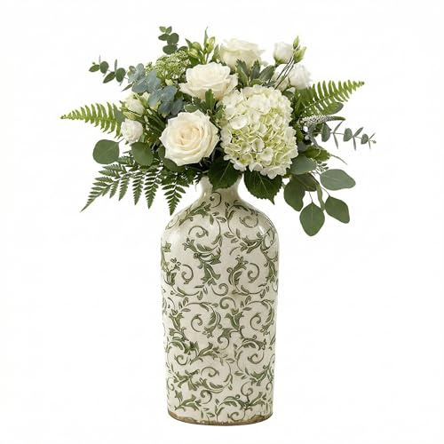 Ceramic Flower Vase Distressed Effect Green Floral Print Vase (DZ91) | Vintage Style, Crackle Glaze, Botanical Print, Mantelpiece, Windowsill, Dining Table, Centrepiece Decoration