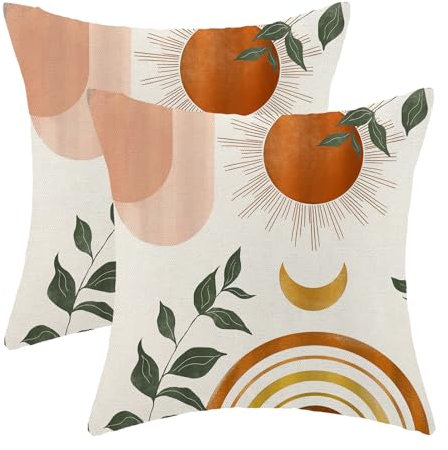 Boho-Sommer-Kissenbezüge, 40,6 x 40,6 cm, Herbst-Orange, Regenbogen, Sonne, Mond, Dekor, Dekokissen für Couch, Bett, modernes abstraktes Blatt, Outdoor, Bauernhaus, dekorativer Kissenbezug, Leinen,