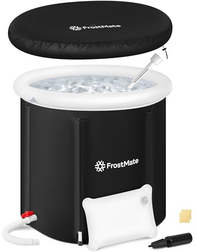 FrostMate Eisbadewanne: auslaufsichere kalte Tauchwanne mit 6 Metallstangen, tragbares Eisfass mit 4-lagiger Isolierung, aufblasbare Wanne Kopfstütze mit Pumpe, 76,2 cm hoch, 76,2 cm breit, 90 Liter