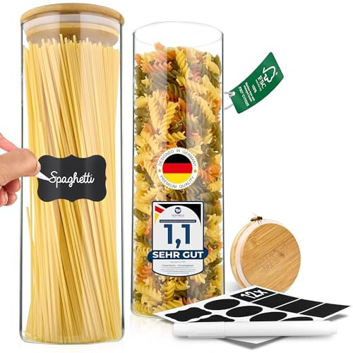 GREEN BEE`S Vorratsglas Spaghetti Set - 2x1730ml Vorratsgläser Nudeln - Nachhaltige Glasbehälter mit Deckel rund & luftdicht - Vorratsdose Glas - Vorratsbehälter Borosilikatglas mit Bambusdeckel