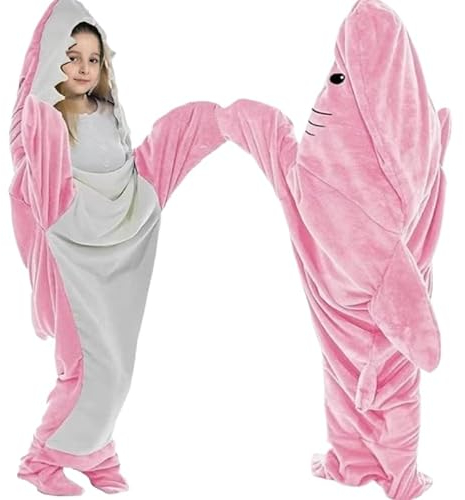 Tragbare Hai-Decke, niedliches Cartoon-Tier-Kostüm, weich, warm, Flanell, Hai-Decke, Kapuzenpullover, Einteiler, gemütlicher Hai-Schlafsack, Pink, Large