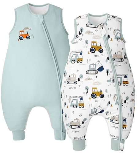 Unnivoll Baby Schlafsack mit Füßen 1,5 Tog 2er Pack Schlafsack Baby Baumwolle Ganzjahre Schlafsack mit Beinen Babyschlafsack Weich 100 cm für Jungen Mädchen Bagger