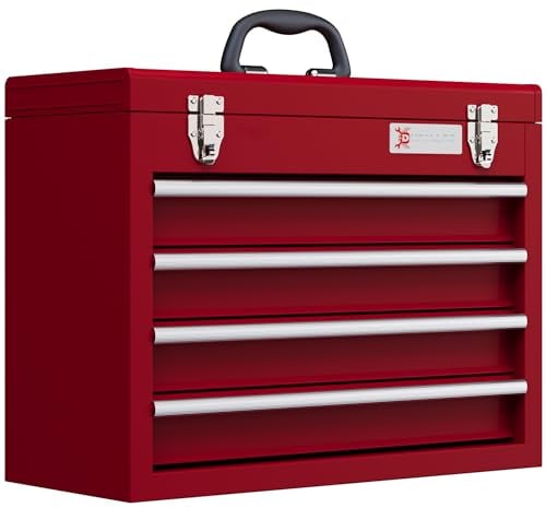 Mallette à outils DURHAND vide, 51 x 22 x 39,5 cm Boîte à outils avec 4 tiroirs, compartiment de rangement supérieur, poignée, caisse à outils avec 2 serrures, en acier, rouge