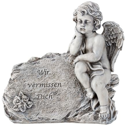 MF Grabengel aus Polyresin, Wir vermissen Dich mit Rosenmotiv, Steinoptik, 26 cm, 0,88 kg