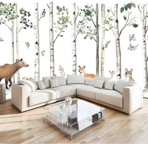 Vlies Fototapete 3D Effekt Weiß Aquarellmalerei Wald Tiere Birken Vliestapete - Wandtapete Für Wohnzimmer Schlafzimmer Büro Flur Tapete Kinderzimmer Jungen Mädchen Wandtapete 300 x 210 cm