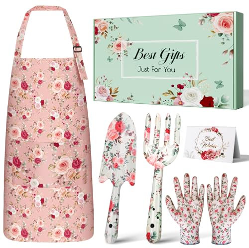 Garten Geschenke für Frauen, Gartenwerkzeug Set, Linkax 6 Stück Garten Werkzeug mit Schürze, Handschuhe und Gartengeräte Set, Muttertagsgeschenke für Mama Oma Gärtner Gartenliebhaber