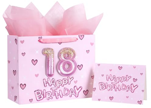Loveinside Geschenktüte zum 18. Geburtstag für Mädchen, rosa 3D-Luftballons und Herz-Design, mittelgroße Tasche mit Seidenpapier, Etikett, Grußkarte, ideal für Geburtstagsfeier, 25,4 x 12,7 x 33 cm, 1