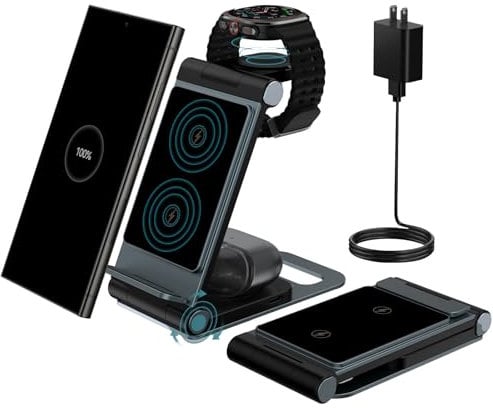 Wireless Charging Station for Samsung Wireless Charger 3 in 1 Foldable Wireless Charger Stand for Samsung S25 Ultra S24 S23 S22 Z Flip Z Fold 6 5 for Galaxy Watch 7/6/5/4 for Galaxy Buds Green Grey