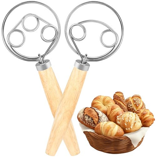 JSMTKJ Fouet Danois en Acier Inoxydable 2 Pièces - Manche en Bois Léger pour Pâtes Épaisse, Sauce, Pâtisserie et Préparations Crémeuses Facile à Nettoyer