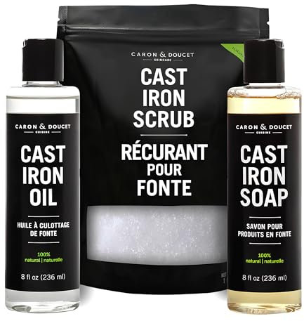 CARON & DOUCET Nuevo juego de hierro fundido: aceite de condimento, jabón de limpieza y exfoliante restaurador | 100% a base de plantas y lo mejor para limpiar el cuidado, lavar, restaurar y
