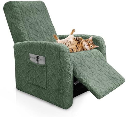 Sesselschoner Für Relaxsessel, 4-Teilig, Dicker Jacquard Dehnbarer Sesselbezug Mit Taschen, Fernsehsessel Bezug, Sessel überzug Für Kinder Hunde Und Haustiere(Green)