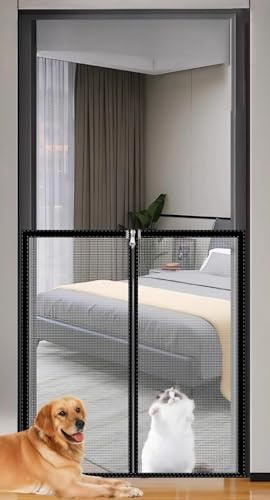 Cancellettos per Cani con Autoadesivo & Anti-Graffio, Rete di Sicurezza per Balcone/Finestra, Barriera per Gatti Senza Fori, Protezione Bambini con Chiusura Lampo(White mesh black frame,90x170 cm)