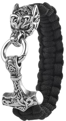 TQWSVUM Viking Mjolnir Paracord Armband für Herren - Geflochtenes Seil Armband mit Anhänger Nordrhenischer Wolfshammer - Handgemachter heidnischer keltischer Schmuck aus Edelstahl Odin Wolf