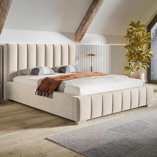 MOTIVENA Vigo Bett 120x200, Polsterbett 120x200, mit Bettkasten, mit Stauraum, mit Lattenrost, mit Kopfteil, ohne Matratze, Samt, Beige Creme