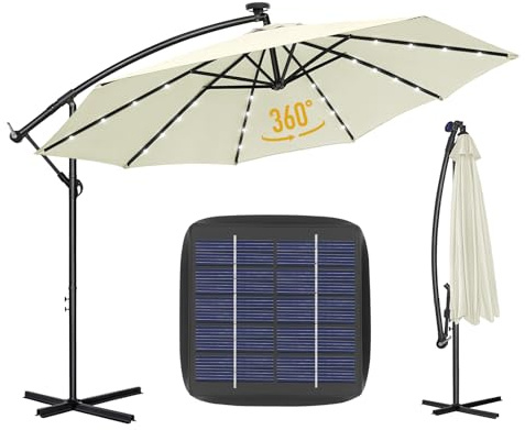 Parasol Déporté Hexagonal 3.5M de Jardin Exterieur avec Base Croisée, Manivelle, Anti-UV, Rotation 360°, 8 Baleines à Double Couche, Inclinable pour Plage Balcon Patio, Blanc