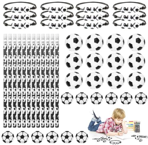 48 Pezzi Festa Tema Calcio con 12 Matite, 12 Gomme, 12 Braccialetti, 12 Palline Antistress di Calcio, Set di Cancelleria a Tema Calcio per Bambini Ragazzi per Compleanni a Tema Calcio o per Feste