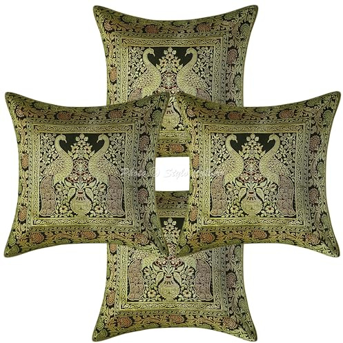 Stylo Culture Indische Dekorativ Brokat Seide Sofa Kissenbezüge 40x40 cm Schwarz Dekokissen Jacquard Wohnzimmer Couch Kissenhullen Pfau Quadrat Reißverschluss 16x16 Inch Kissen Bezüge - 4 STK.