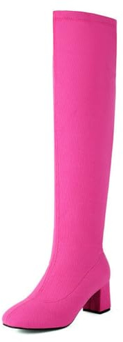 Gueploer Stivali sopra Il Ginocchio, Donne Stretch Stivali Alti Coscia con Tacco Grosso per Tutti I Giorni, Partito, Ballo di Fine Anno,Rosa,43 EU