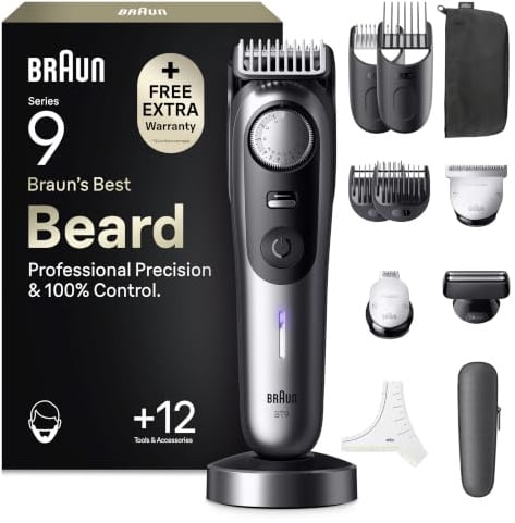 Braun Series 9 Barttrimmer, +12 Barberutensilien, Power Boost-Modus und zuverlässige ProBlade Klinge, 180 min, Schatteneffekt, PrecisionWheel Verstellknopf und Arretierung, BT9560, chrom