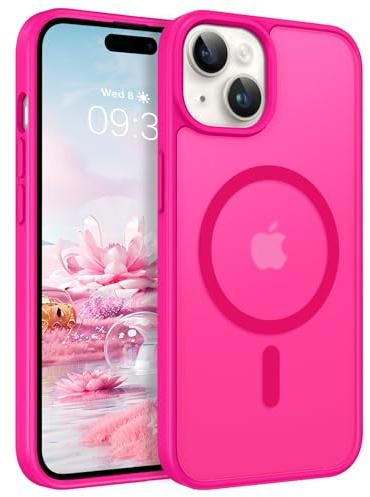 ROUMAYMAY Coque pour iPhone 15 Plus, Magnétique Fort [Compatible avec MagSafe] Mat Lisse Translucide Protection de Qualité Fine Mate Coque de Téléphone Aimanté pour iPhone 15 Plus Rose Fluo