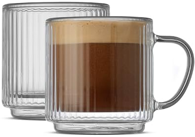 JoyJolt Haven Stackable Fluted Glass Mugs Set of 2, 5.5oz Ribbed Double Wall Glass Coffee Mugs, Stacking Insulated Coffee Cup Set also for Espresso Shot Tea Latte Macchiato Cappuccino