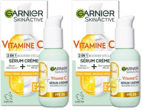 GARNIER Skin Active - Sérum Crème Booster D'Éclat 2-En-1 - Hydratation 72h & Éclat - FPS 25 - Vitamine C & Agrumes - Vegan & Cruelty Free - Peaux Ternes En Manque D'Éclat - 50 ml (Lot de 2)