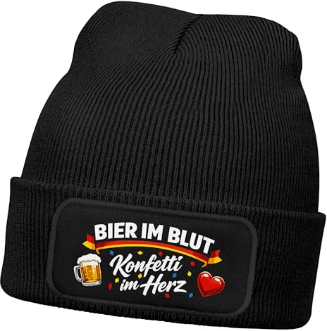 MoonWorks® Damen Beanie Patch Strickmütze Spruch Bier Konfetti im Herz Karneval Fasching Aufdruck Lustig Damenmütze
