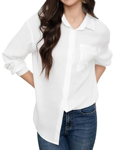 Aunribor Camicetta da Donna Maniche Lunghe Casuale Spalle Scivolate Ampia | Camicia con Bottoni, Collo e Tasca Elegante Ricami Floreali, Leggera, Respirabile, Primaverile, Estivo, Autunnale
