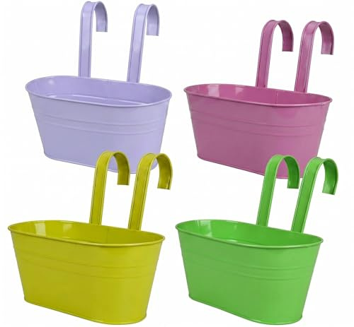 Puedno 4 Stück Metall-Blumentopf Hängend 27cm, Hängepflanzentöpfe mit Ablaufloch, Groß Blumentöpfe zum Aufhängen mit Abnehmbaren Haken für Balkon Zäune Fenster Geländer Wand, 4 Farben