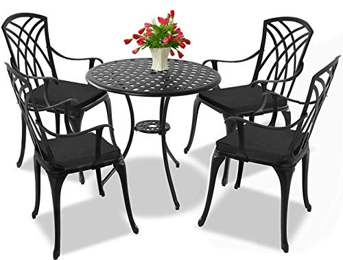 Centurion OSHOWA 5-Piece Cast Aluminium Bistro Set – Rust-Proof Round Table & 4 High-Back Armchairs with 4 Black Cushions – Timeless French-Style Lattice Basketweave Design – Black Outdoor Furniture