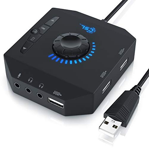 CSL - Scheda audio USB esterna e HUB USB e Amplificatore Cuffie 3 in 1 - Uscita per cuffia con microfono gaming a 4 poli - Audio OUT - Mic in - Controllo volume e Equalizzatore - LED blu - nero